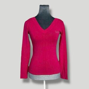 2000s Y2K bebe rhinestone pink knit cutout sweater long sleeve v neck top Small